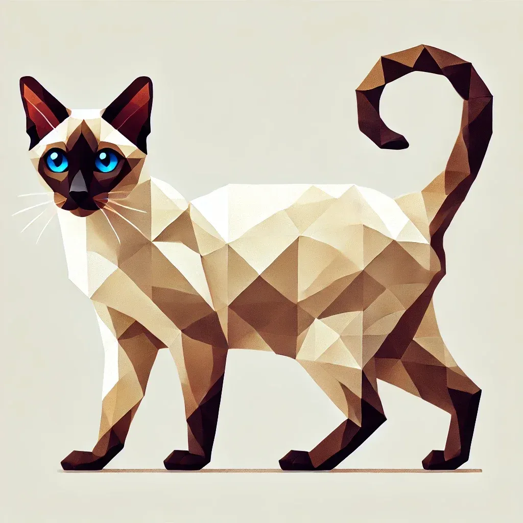 Balineser katt i geometrisk stil - elegante trekk som fremhever rasens særpreg. Slank kropp, blå øyne og lang hale illustrerer artikkelens beskrivelse av denne grasiøse og intelligente katterasen