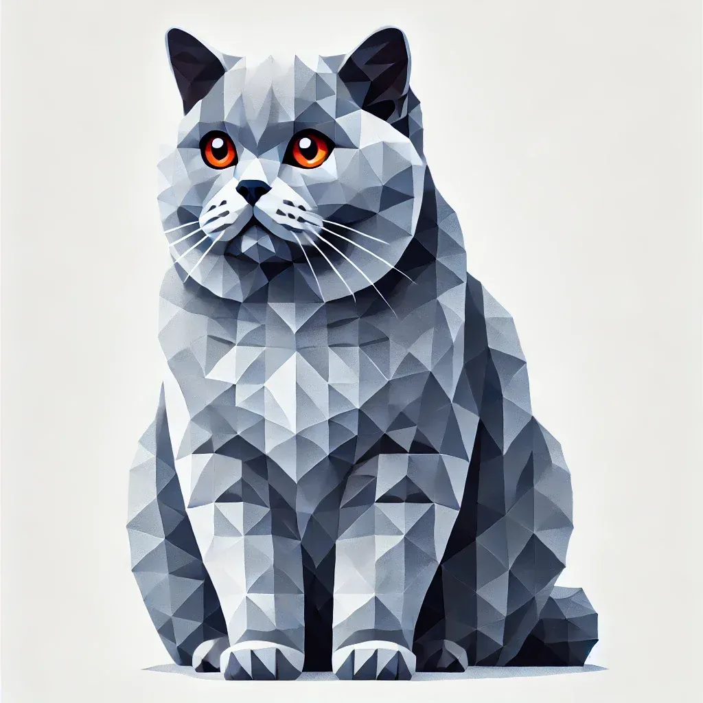 Geometrisk illustrasjon av britisk korthår katt med blågrå pels, oransje øyne og rund kropp, som viser rasens karakteristiske trekk i en moderne, polygonal stil