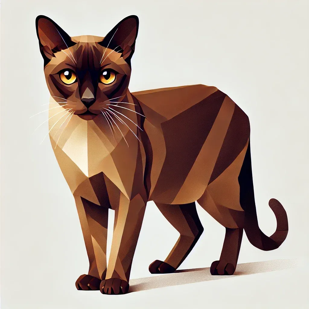 Geometrisk illustrasjon av en Burmeser katt, som viser kattens karakteristiske slanke kropp, mørkebrune pels, store gylne øyne og oppmerksom holdning. Perfekt for å visualisere rasens unike trekk i en artikkel om alt du trenger å vite om Burmeser katten