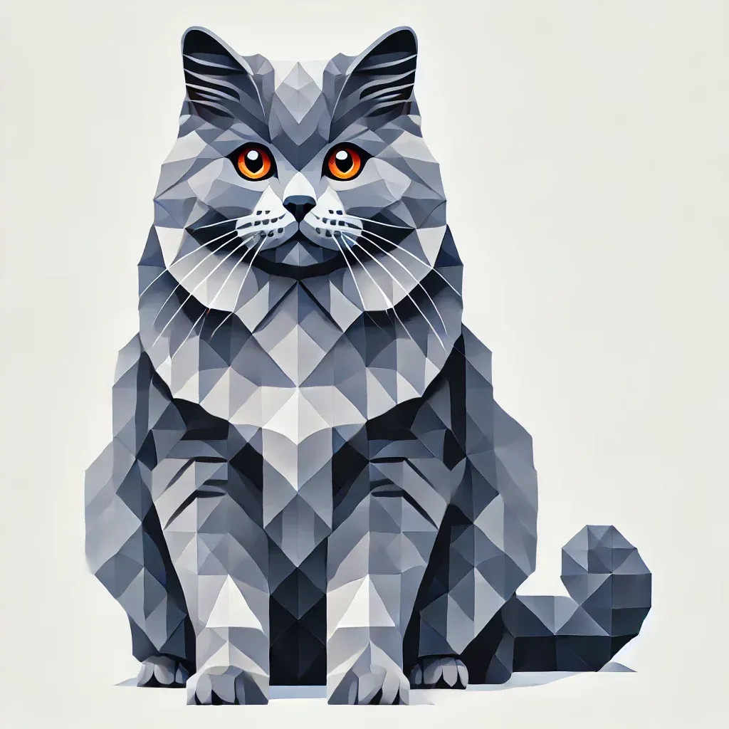 Geometrisk illustrasjon av en Chartreux-katt med blågrå pels, oransje øyne og kraftig bygning, som viser rasens karakteristiske trekk for artikkelen om alt du trenger å vite om Chartreux-katterasen