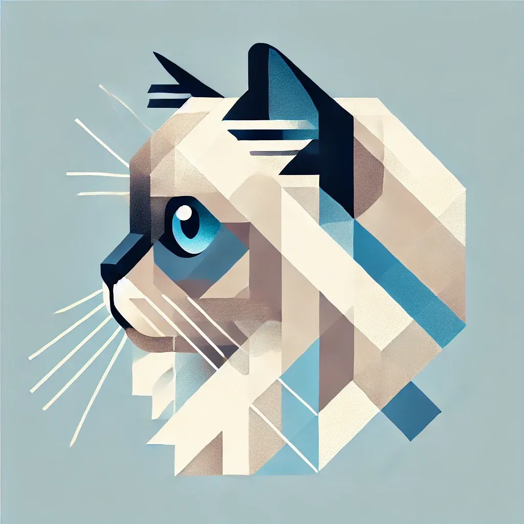 Geometrisk illustrasjon av Himalayan-katt med blå øyne og karakteristisk flatt ansikt, vist i moderne stil med pastellfarger
