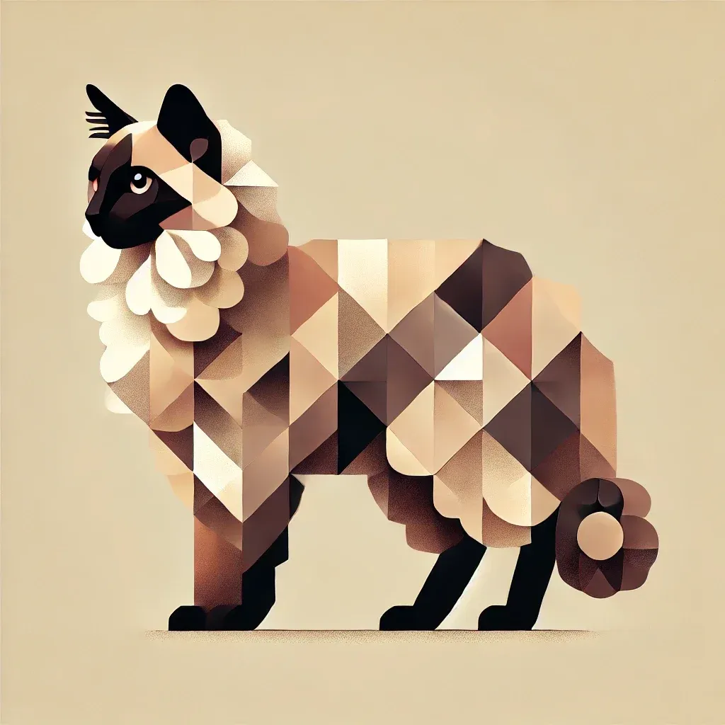 Geometrisk illustrasjon av LaPerm katt med krøllete pels, sett fra siden, vist i varme beige og brune toner