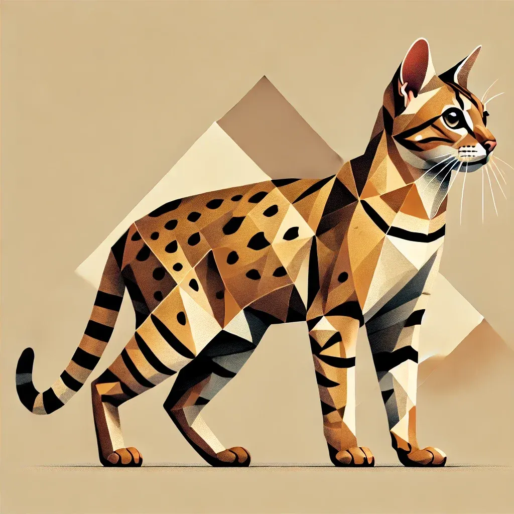 Geometrisk illustrasjon av Ocicat: Elegant katt med flekket pels, atletisk kropp og mandelformede øyne i sideprofil