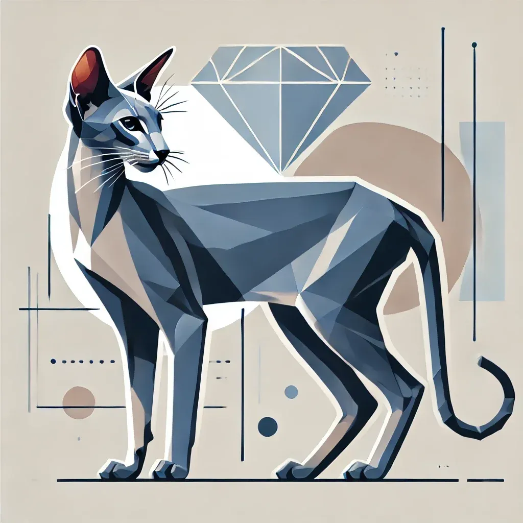 Geometrisk illustrasjon av Oriental katt med slank kropp, store ører og lang hale, vist i sideprofil med diamantformet bakgrunn, fremhever rasens elegante trekk