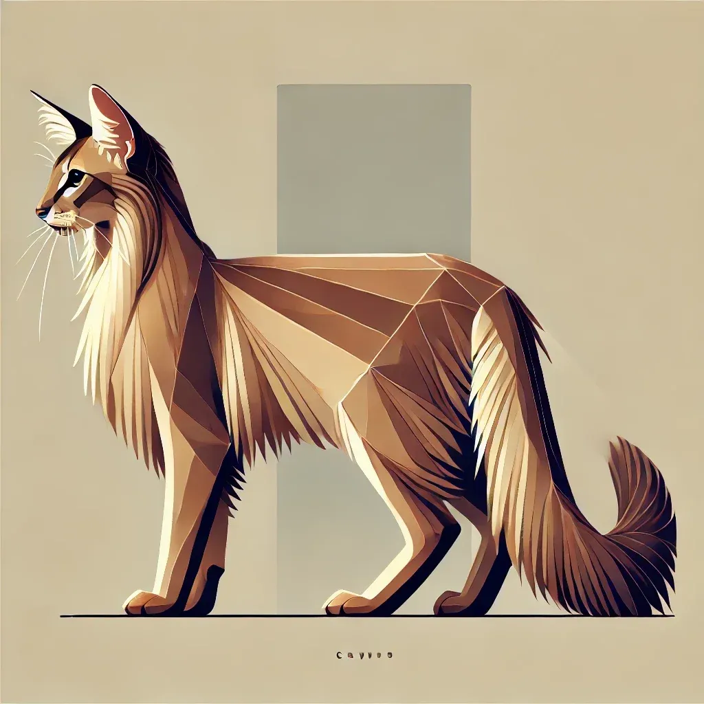 Geometrisk illustrasjon av Orientalsk Langhår katt i sideprofil, viser distinkte trekk som lang pels, slanke kropp, store ører og mandelformede øyne, ideell for raseartikkel