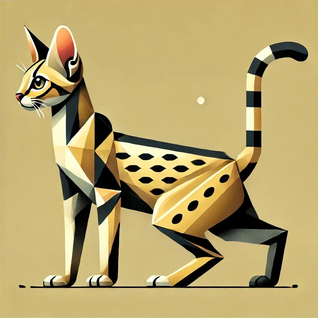 Geometrisk illustrasjon av Savannah-katt, viser rasens unike trekk: lange ben, store ører og flekkete pels