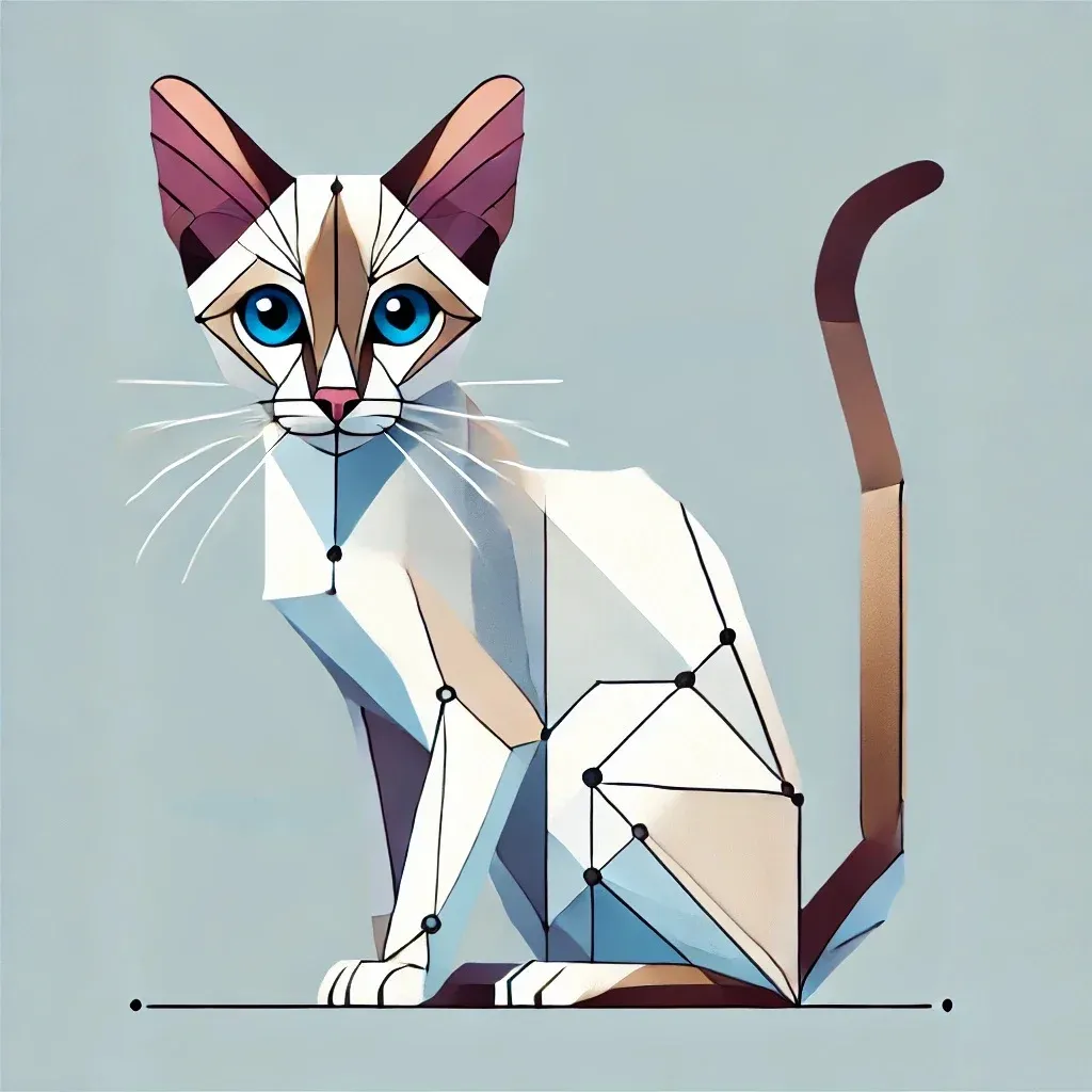 Geometrisk illustrasjon av Seychellois-katt med karakteristiske hvite og fargede mønstre, store blå øyne og slanke kropp, vist i sideprofil