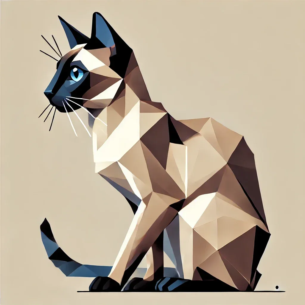Geometrisk illustrasjon av siameser-katt i sideprofil, viser rasens karakteristiske trekk med slanke linjer og kontrasterende farger