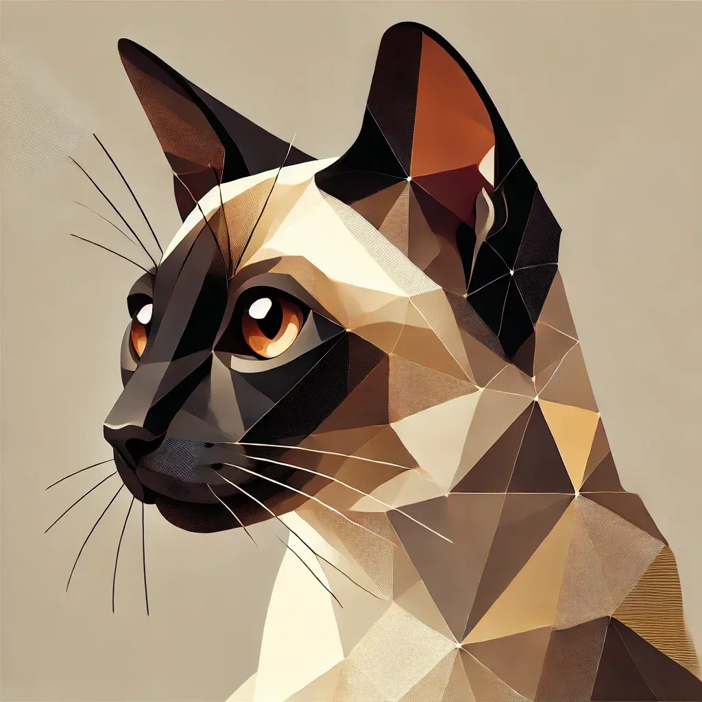 Geometrisk illustrasjon av Thai Siameser katt, viser karakteristiske trekk som store ører, mandelformede øyne og markert ansiktsmaske i en moderne, kantete stil