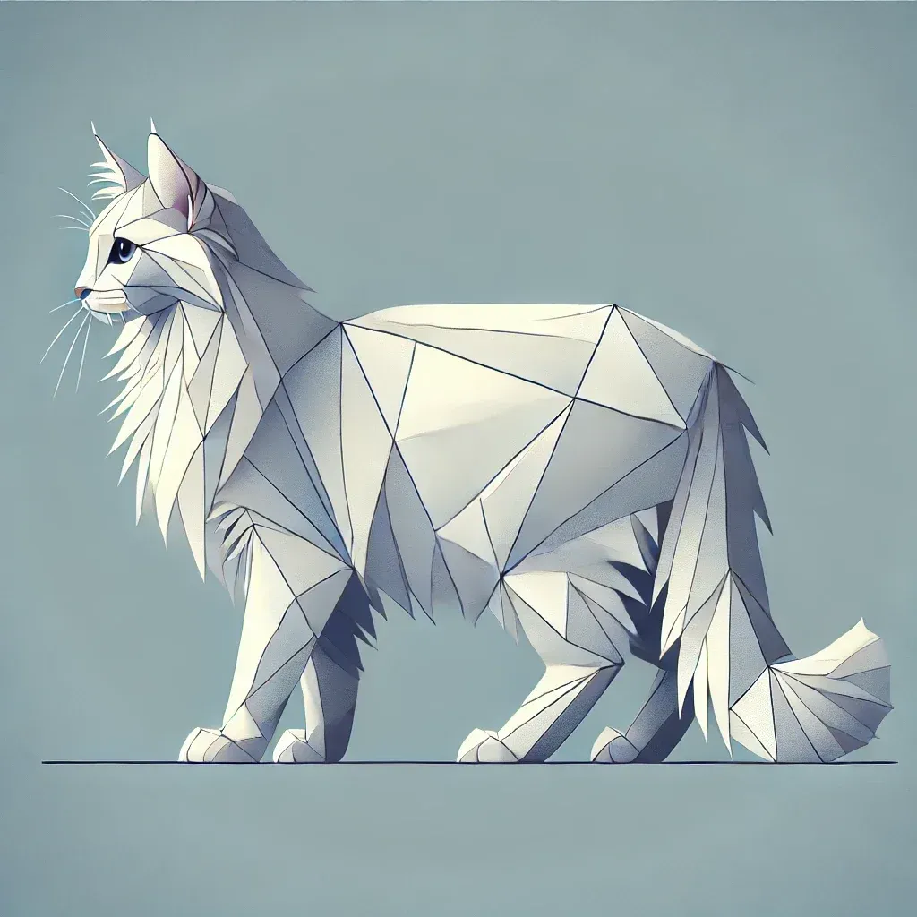 Geometrisk illustrasjon av Tyrkisk Angora katt i sideprofil, som viser dens elegante kropp, lange pels og pjuskete hale - karakteristiske trekk for denne populære katterasen