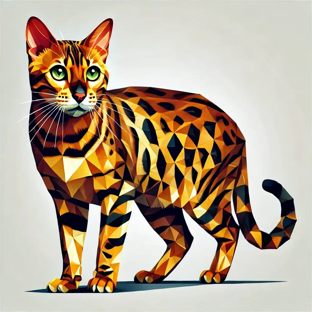 Geometrisk illustrasjon av en bengalkatt, som viser rasens karakteristiske leopardlignende pels og atletiske kroppsbyggning. Bildet fremhever de unike trekkene som artikkelen beskriver, inkludert store grønne øyne og det eksotiske utseendet som gjør bengalkatten så populær.