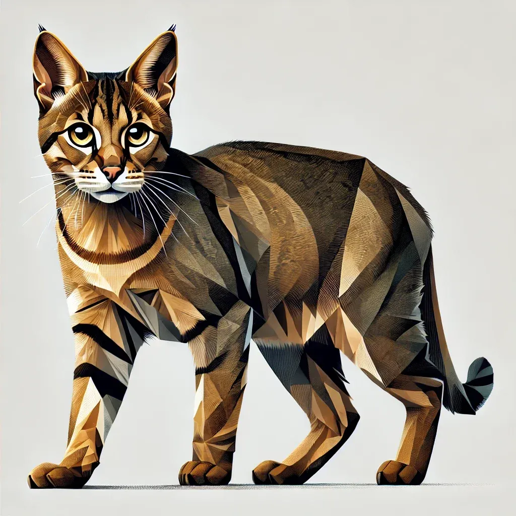 Geometrisk illustrasjon av Chausie-katt, viser rasens karakteristiske trekk med stor, atletisk kropp, store ører og eksotisk utseende. Ideell for artikkel om Chausie-kattens fakta og egenskaper.