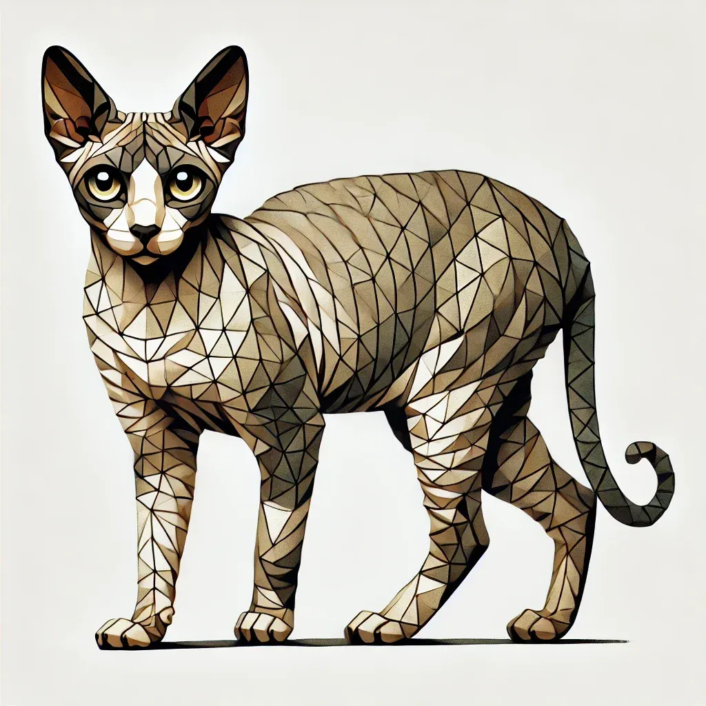 Geometrisk illustrasjon av Cornish Rex-katt, viser karakteristiske trekk som store ører, slanke kropp og krøllete pels. Stilisert bilde i gylne og brune toner demonstrerer rasens unike utseende og elegante form, perfekt for artikkel om alt du trenger å vite om Cornish Rex