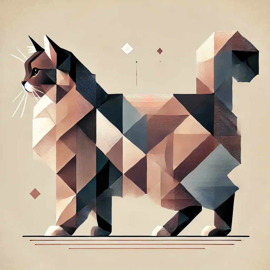 Geometrisk illustrasjon av Cymric-katt i sideprofil, viser kattens karakteristiske form uten hale, lang pels og muskuløs kropp i moderne, kubistisk stil