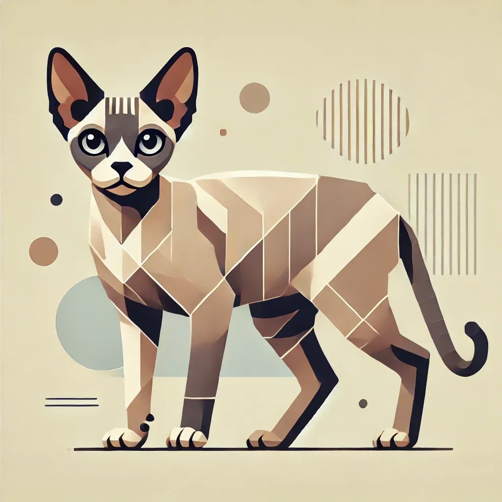 Geometrisk illustrasjon av Devon Rex katt - unik katterase med store ører og kort, krøllete pels. Stilisert design viser kattens særegne trekk og elegante kroppsform, perfekt for artikkel om Devon Rex egenskaper og pleie