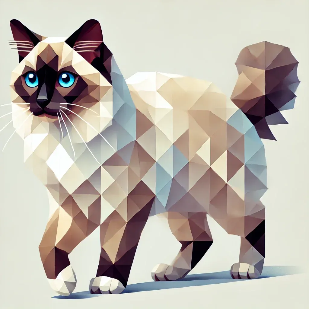 Geometrisk illustrasjon av Hellig Birma-katt med karakteristiske trekk: blå øyne, mørk maske, lys kropp og hvite poter. Kunstnerisk fremstilling av rasens unike utseende og elegante holdning.