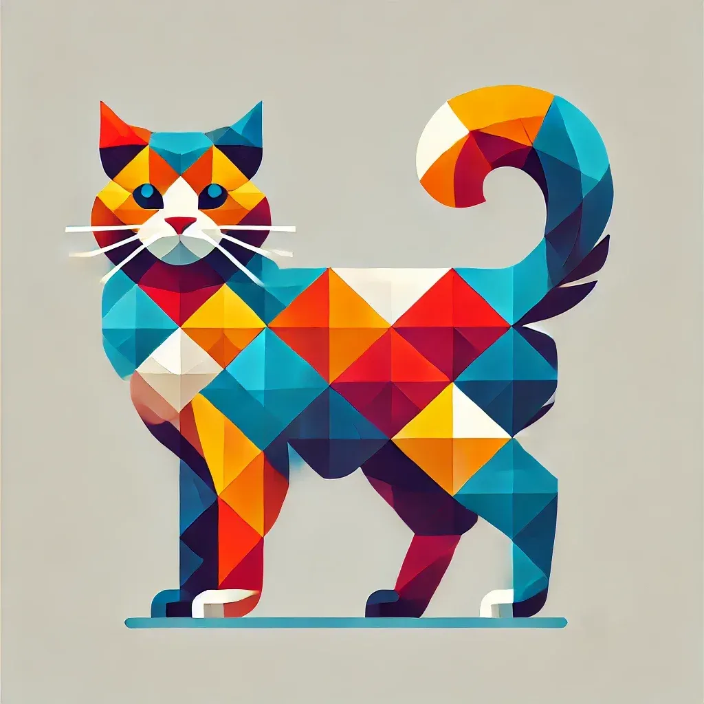 Fargerik geometrisk illustrasjon av Highlander-katt med karakteristiske krøllede ører og kort hale, perfekt for å vise rasens unike trekk