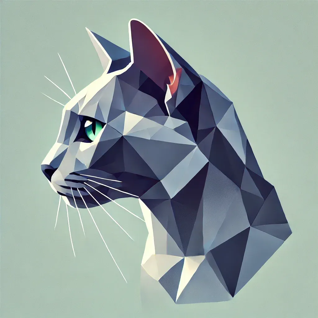 Geometrisk illustrasjon av Korat-katt: sølvblå pels, hjerteformet ansikt, grønne øyne. Elegant og unik katterase fra Thailand.