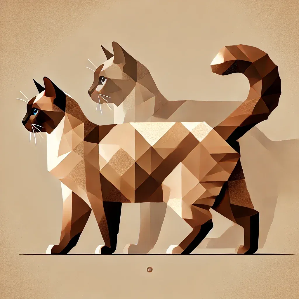 Geometrisk illustrasjon av to Kurilsk Bobtail-katter i sideprofil, som viser rasens karakteristiske korte hale og muskuløse kropp