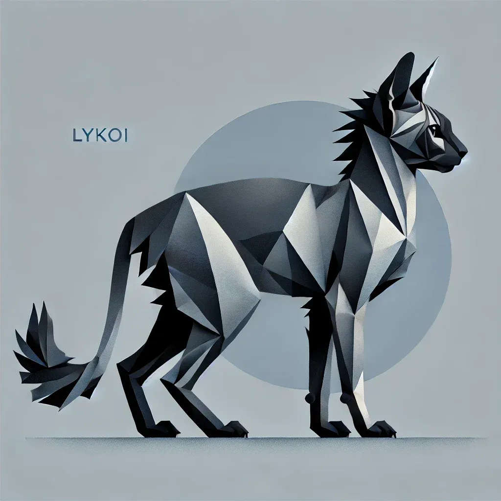 Geometrisk illustrasjon av Lykoi-katt i sideprofil, viser unikt 'varulv'-utseende med kantete former og gråtoner, ideell for artikkel om denne sjeldne katterasen