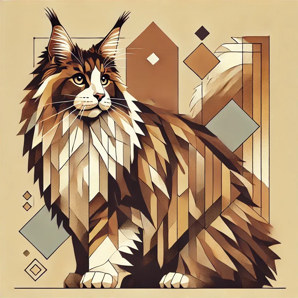 Geometrisk illustrasjon av en Maine Coon-katt med karakteristisk langhåret pels, store ører og busket hale, i varme bruntoner mot en beige bakgrunn med abstrakte figurer