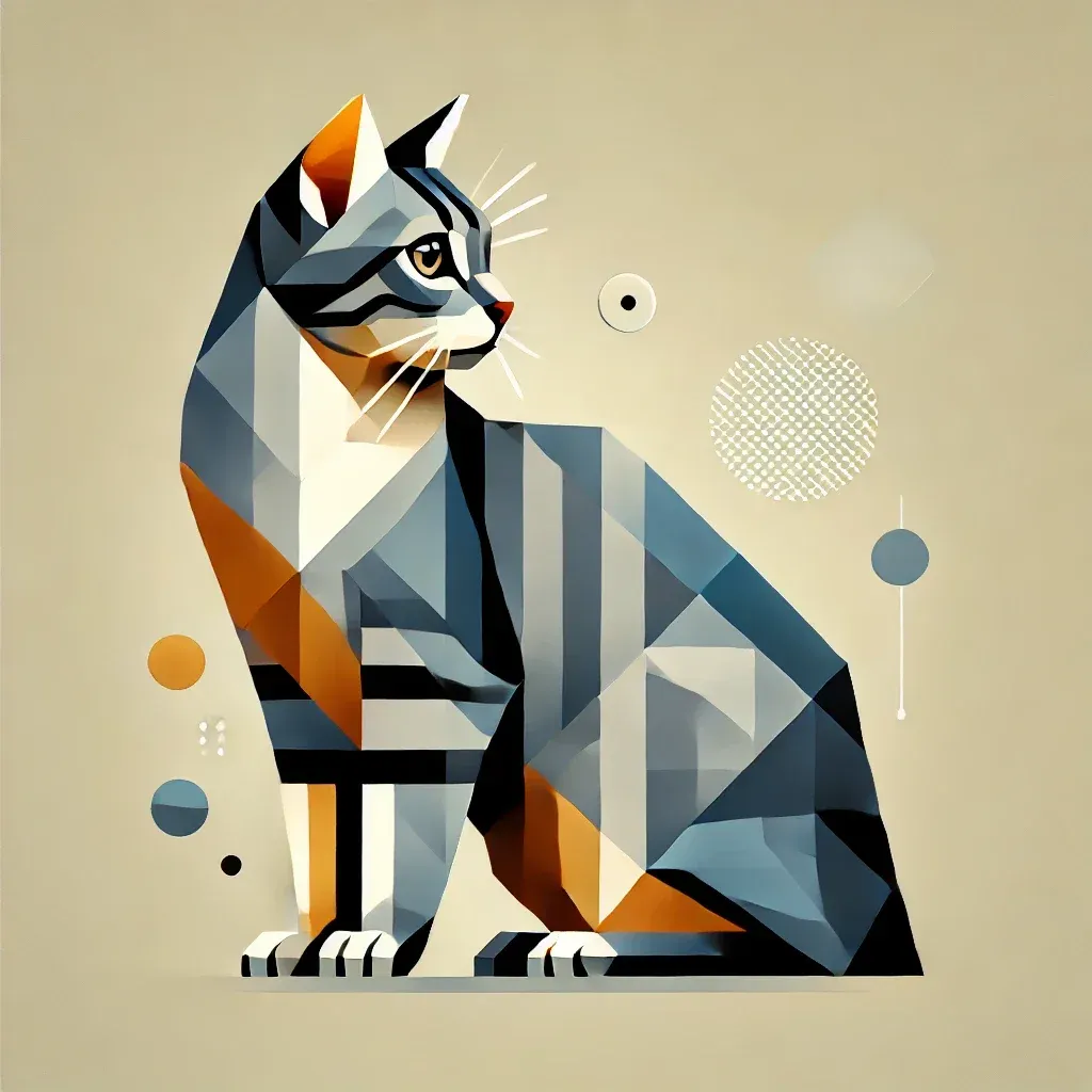 Geometrisk illustrasjon av Manx-katt i profil, vist i blå, oransje og hvite farger, som fremhever rasens unike trekk og kraftige kropp