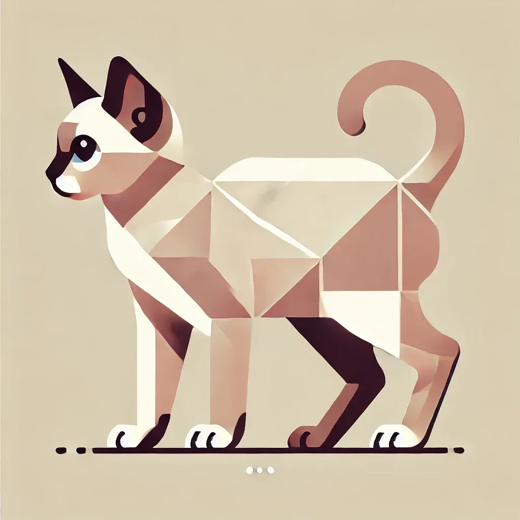 Geometrisk illustrasjon av en Minskin katt med korte bein sett fra siden, tegnet i beige, hvit og mørkebrune farger i en minimalistisk stil som viser rasens typiske kjennetegn