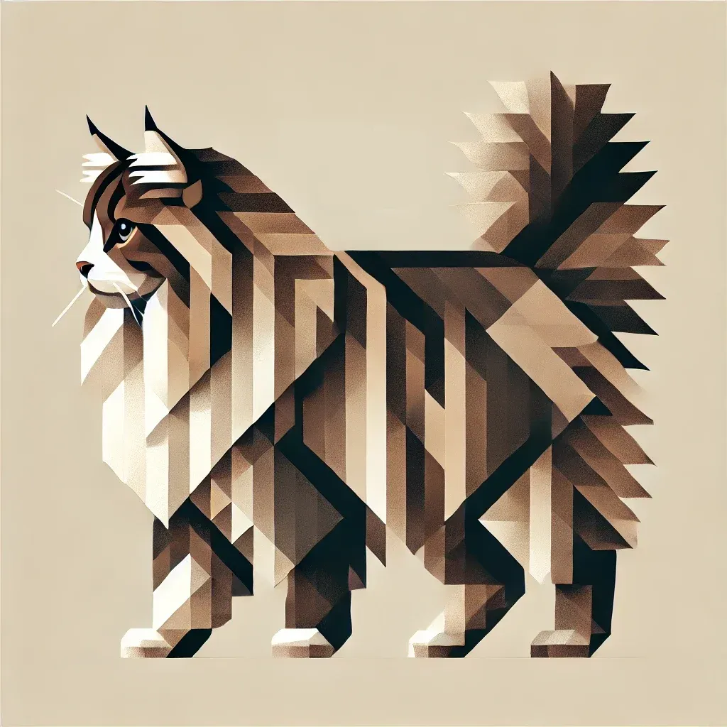 Geometrisk illustrasjon av Norsk skogkatt, viser den majestetiske pelsen og kraftige kroppen til denne berømte norske katterasen