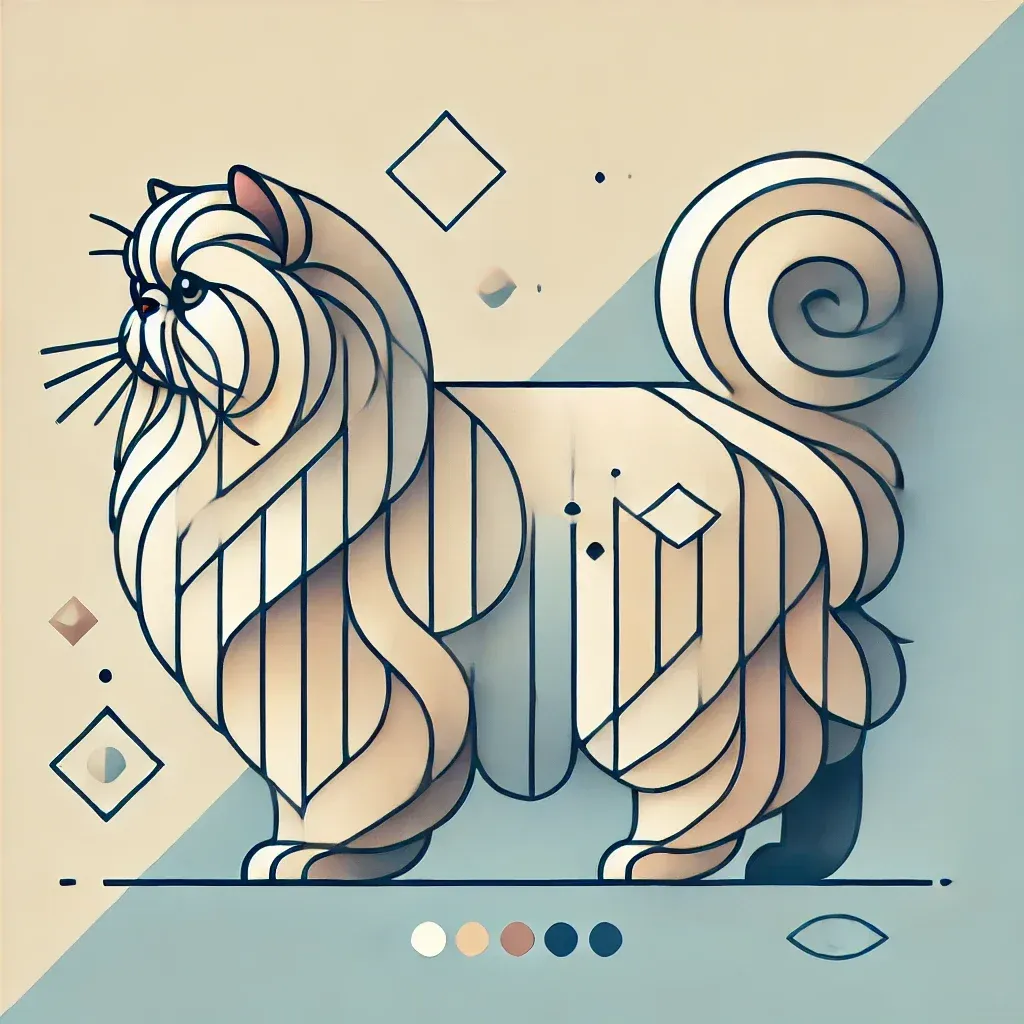 Geometrisk illustrasjon av perser-katt, elegant og flott pels, typisk flat snute, kraftig kropp og buskete hale, katterase-artikkel