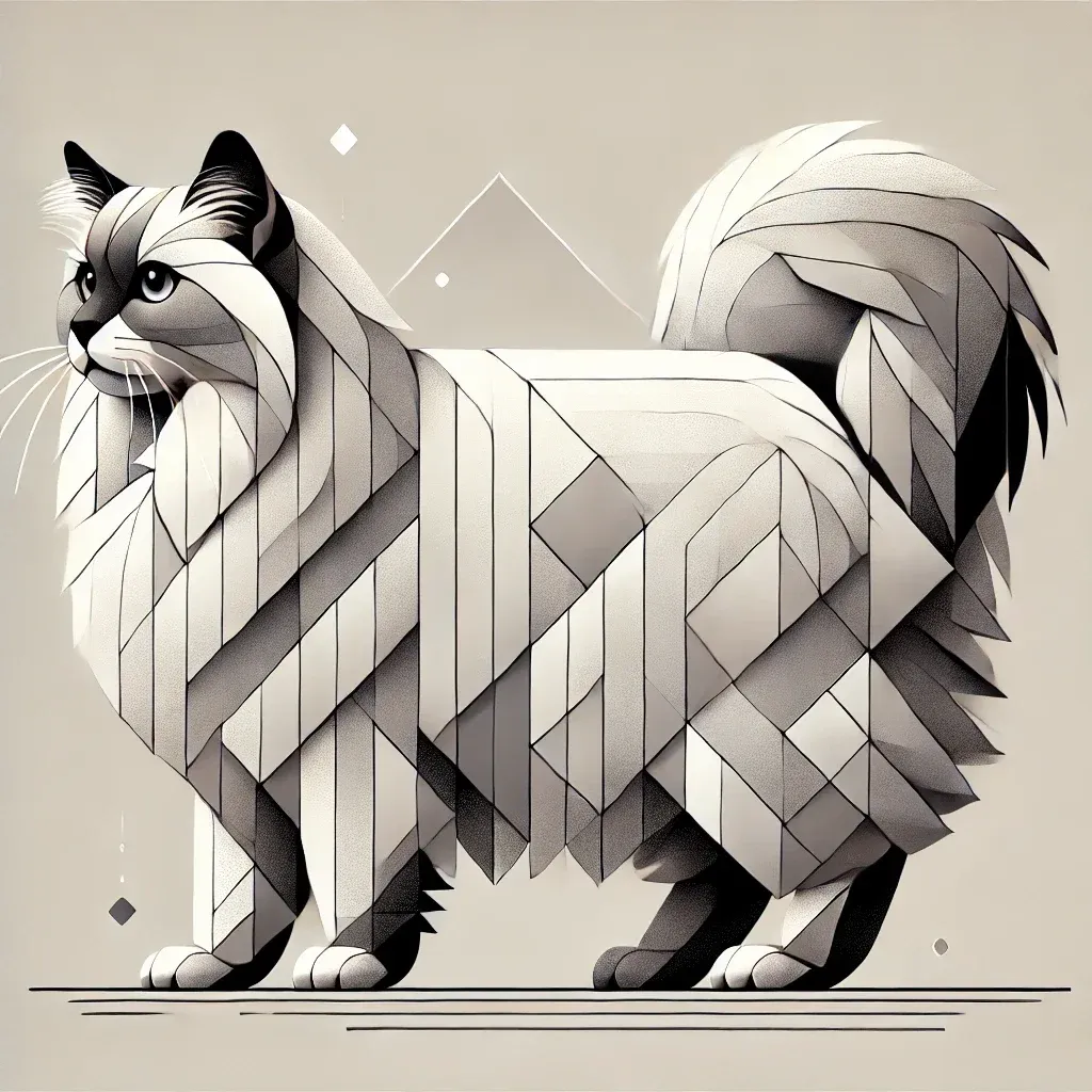 Geometrisk illustrasjon av Ragamuffin-katt i sideprofil, viser dens karakteristiske lange pels, kraftige kropp og buskete hale i en moderne, stilisert design