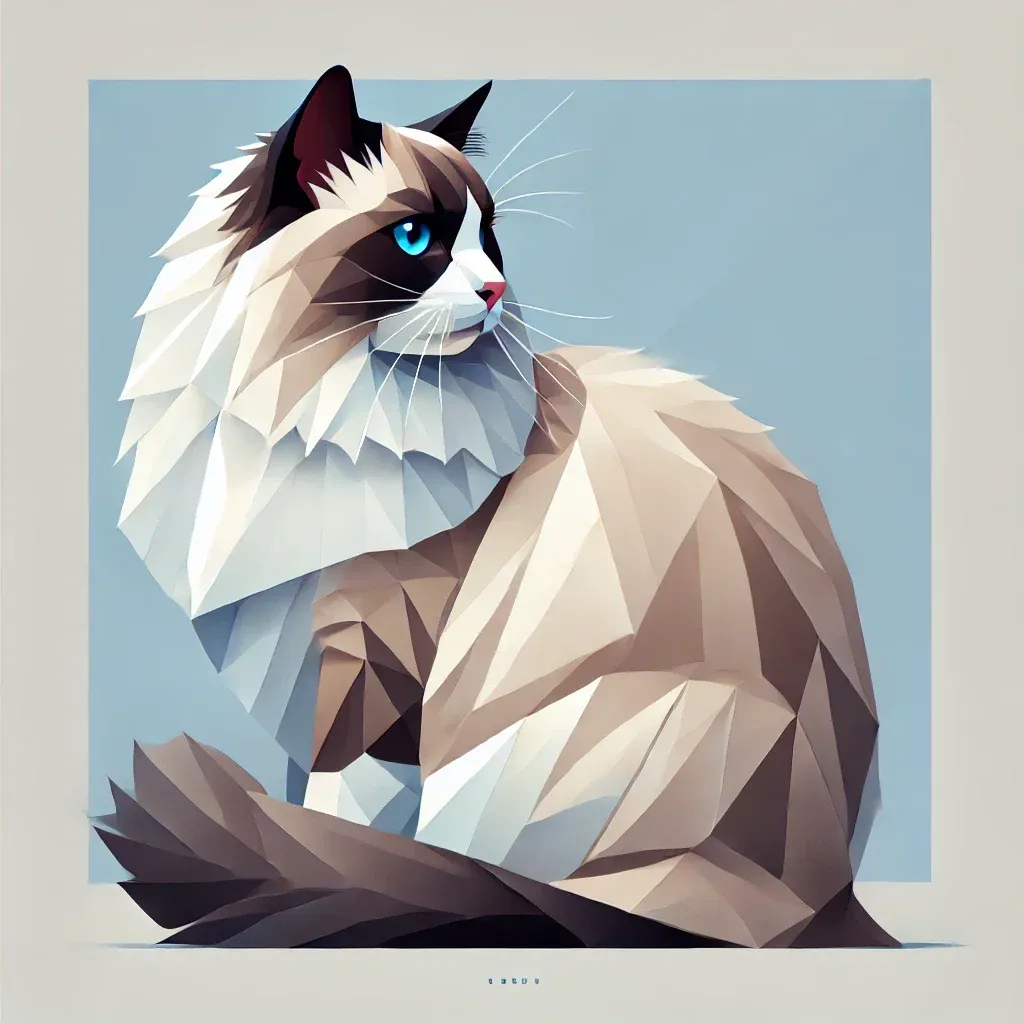Geometrisk illustrasjon av Ragdoll-katt med blå øyne og langhåret pels, sittende i sideprofil mot lyseblå bakgrunn, viser rasens kjennetegn