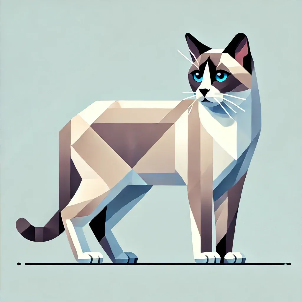 Geometrisk illustrasjon av en Snowshoe-katt, viser karakteristiske hvite poter og V-formet ansiktsmarkering, fremhever rasens unike utseende og fargemønster