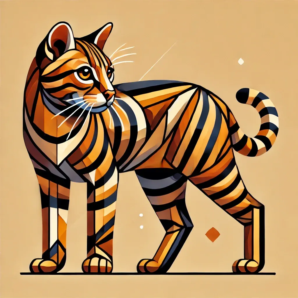 Geometrisk illustrasjon av en Toyger-katt i sideprofil, som viser dens karakteristiske tigerstriper og muskuløse kropp, perfekt for å demonstrere rasens unike utseende